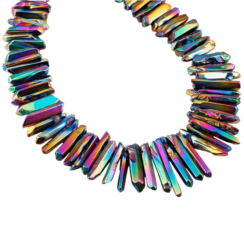 SUNYIK Rainbow Aura Titanium Coated Crystal Points Quartz Polished Sticks Spikes Point Beads 15 inch Strand Drilled - Image 3